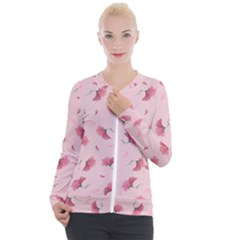 Flowers Pattern Pink Background Casual Zip Up Jacket