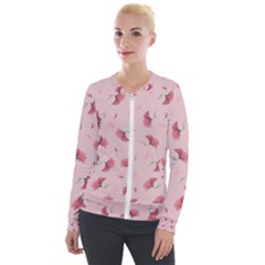 Flowers Pattern Pink Background Velvet Zip Up Jacket