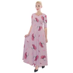 Flowers Pattern Pink Background Half Sleeves Maxi Dress