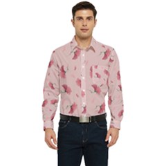 Flowers Pattern Pink Background Men s Long Sleeve Pocket Shirt 