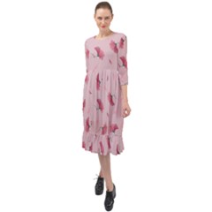 Flowers Pattern Pink Background Ruffle End Midi Chiffon Dress