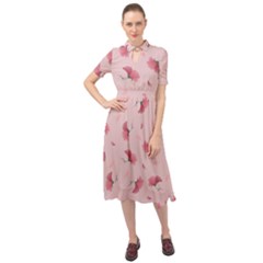 Flowers Pattern Pink Background Keyhole Neckline Chiffon Dress