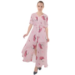 Flowers Pattern Pink Background Waist Tie Boho Maxi Dress