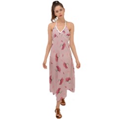 Flowers Pattern Pink Background Halter Tie Back Dress 