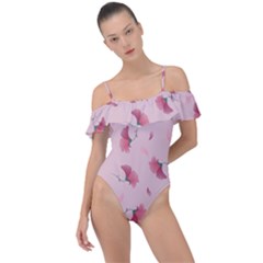 Flowers Pattern Pink Background Frill Detail One Piece Swimsuit