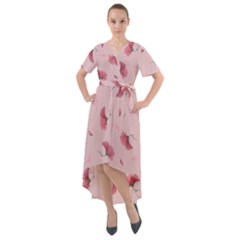 Flowers Pattern Pink Background Front Wrap High Low Dress