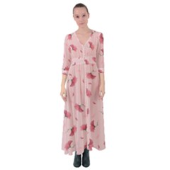 Flowers Pattern Pink Background Button Up Maxi Dress