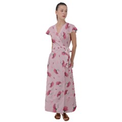 Flowers Pattern Pink Background Flutter Sleeve Maxi Dress