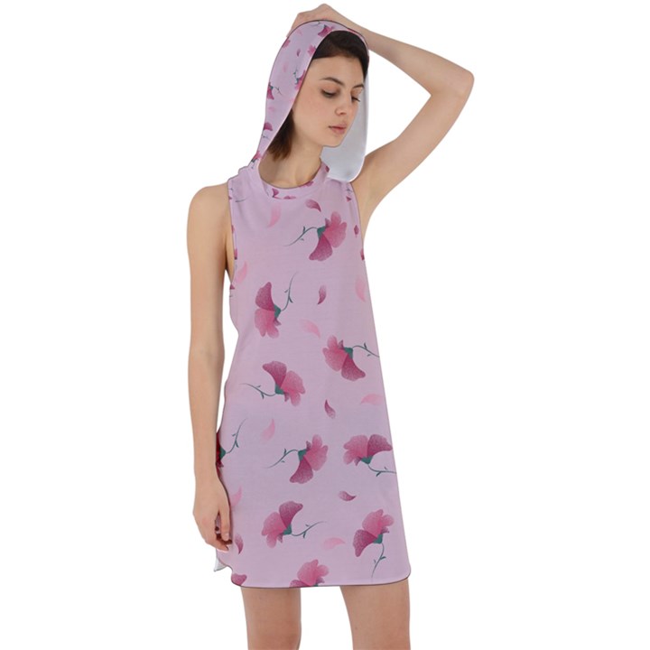 Flowers Pattern Pink Background Racer Back Hoodie Dress