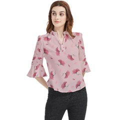 Flowers Pattern Pink Background Loose Horn Sleeve Chiffon Blouse