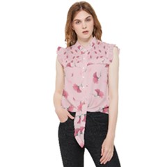 Flowers Pattern Pink Background Frill Detail Shirt