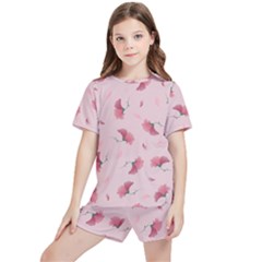 Flowers Pattern Pink Background Kids  Tee and Sports Shorts Set