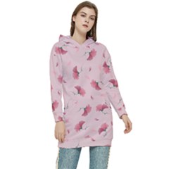 Flowers Pattern Pink Background Women s Long Oversized Pullover Hoodie