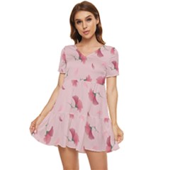 Flowers Pattern Pink Background Tiered Short Sleeve Babydoll Dress