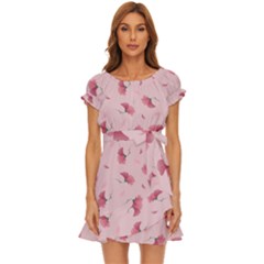 Flowers Pattern Pink Background Puff Sleeve Frill Dress