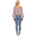 Flowers Pattern Pink Background Off Shoulder Flutter Bell Sleeve Top View4