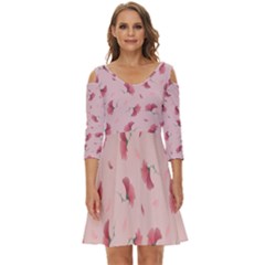 Flowers Pattern Pink Background Shoulder Cut Out Zip Up Dress