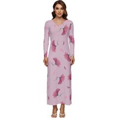 Flowers Pattern Pink Background Long Sleeve Velour Longline Maxi Dress