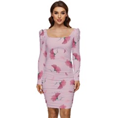 Flowers Pattern Pink Background Women Long Sleeve Ruched Stretch Jersey Dress