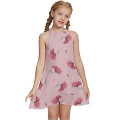 Flowers Pattern Pink Background Kids  Halter Collar Waist Tie Chiffon Dress
