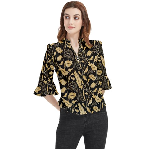 Natura Premium Golden Leaves Loose Horn Sleeve Chiffon Blouse by ConteMonfrey