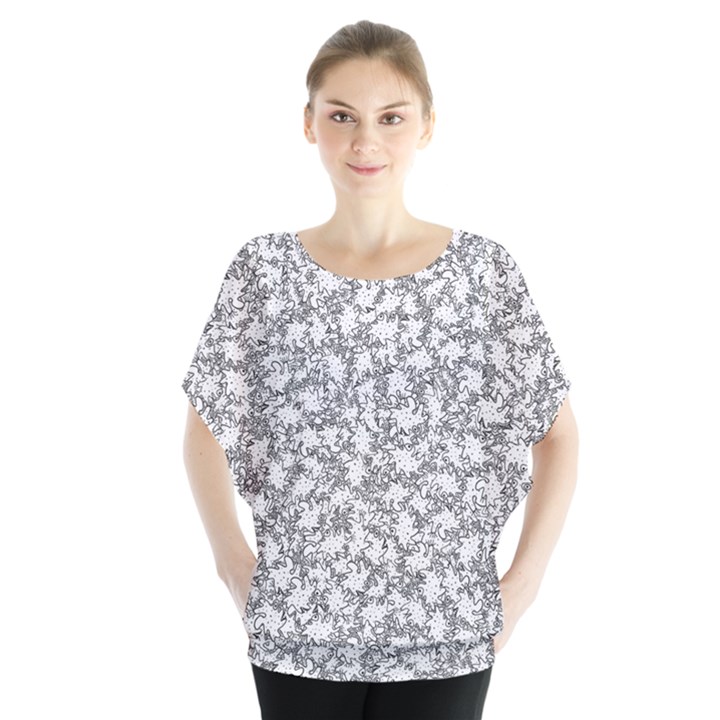 Bacterias Drawing Black And White Pattern Batwing Chiffon Blouse