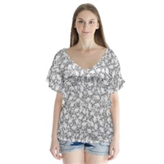 Bacterias Drawing Black And White Pattern V-neck Flutter Sleeve Top by dflcprintsclothing