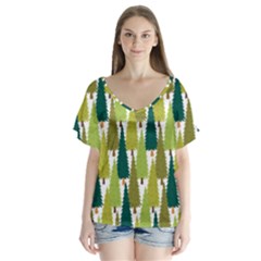 Pine Trees   V-neck Flutter Sleeve Top by ConteMonfrey