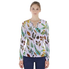 Leaves And Feathers - Nature Glimpse V-neck Long Sleeve Top by ConteMonfrey