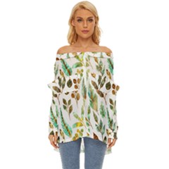 Leaves And Feathers - Nature Glimpse Off Shoulder Chiffon Pocket Shirt by ConteMonfrey