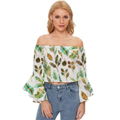 Leaves And Feathers - Nature Glimpse Off Shoulder Flutter Bell Sleeve Top by ConteMonfrey