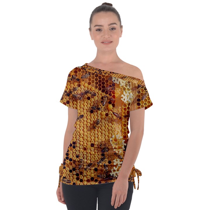 Insect Macro Honey Bee Animal Off Shoulder Tie-Up Tee