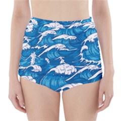 Storm Waves Seamless Pattern Raging Ocean Water Sea Wave Vintage Japanese Storms Print Illustration High-waisted Bikini Bottoms