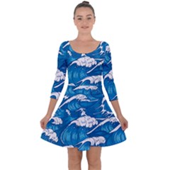 Storm Waves Seamless Pattern Raging Ocean Water Sea Wave Vintage Japanese Storms Print Illustration Quarter Sleeve Skater Dress