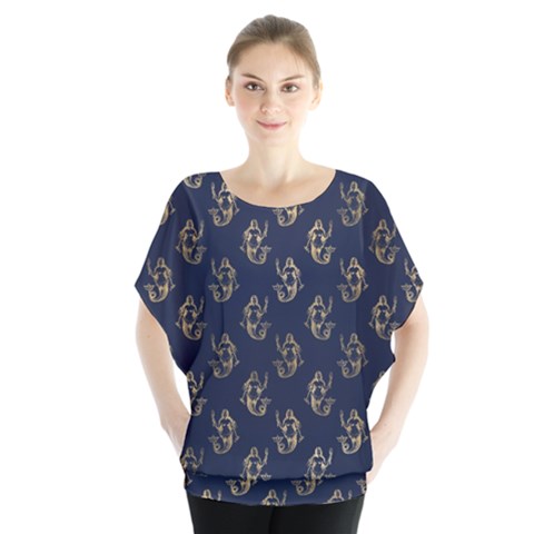 Gold Mermaids Silhouettes Batwing Chiffon Blouse by ConteMonfrey