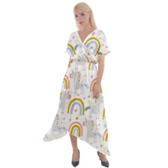 Unicorns, Hearts And Rainbows Cross Front Sharkbite Hem Maxi Dress