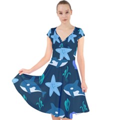 Whale And Starfish  Cap Sleeve Front Wrap Midi Dress by ConteMonfrey