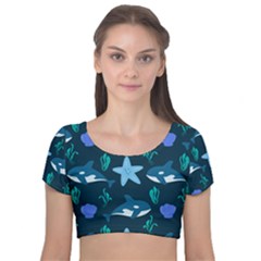 Whale And Starfish  Velvet Short Sleeve Crop Top  by ConteMonfrey