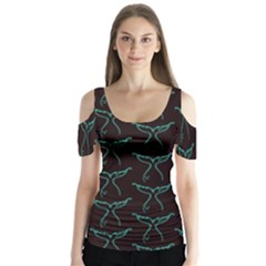 Blue Mermaid Tail Black Neon Butterfly Sleeve Cutout Tee 