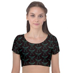 Blue Mermaid Tail Black Neon Velvet Short Sleeve Crop Top 