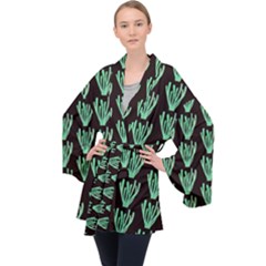 Watercolor Seaweed Black Long Sleeve Velvet Kimono  by ConteMonfrey