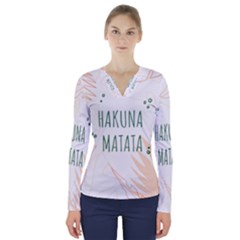 Hakuna Matata Tropical Leaves With Inspirational Quote V-neck Long Sleeve Top by Jancukart