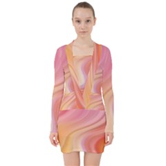 Gradient Pink Yellow V-neck Bodycon Long Sleeve Dress