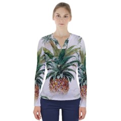 Pineapple Pattern Background Seamless Vintage V-Neck Long Sleeve Top