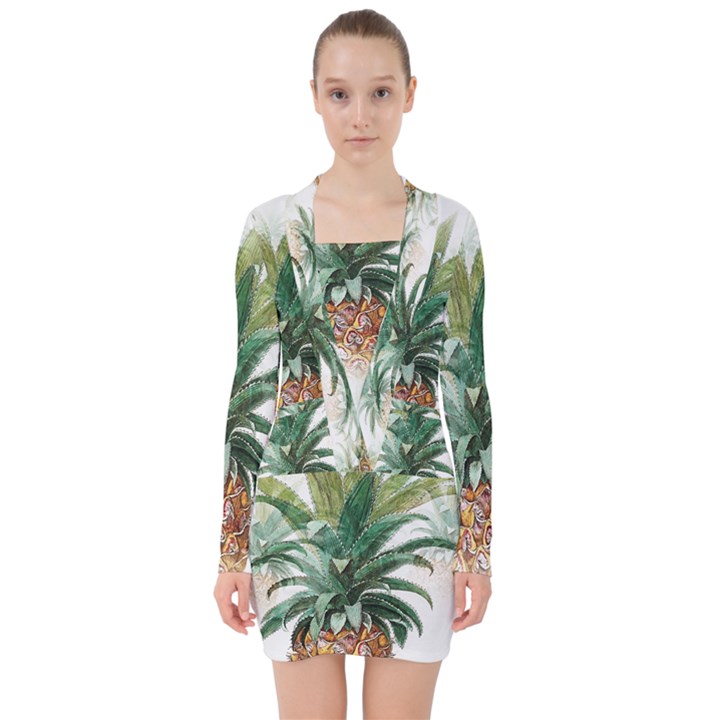 Pineapple Pattern Background Seamless Vintage V-neck Bodycon Long Sleeve Dress