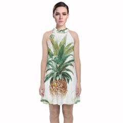 Pineapple Pattern Background Seamless Vintage Velvet Halter Neckline Dress 