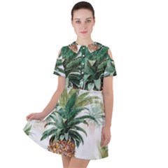 Pineapple Pattern Background Seamless Vintage Short Sleeve Shoulder Cut Out Dress 