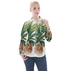 Pineapple Pattern Background Seamless Vintage Women s Long Sleeve Pocket Shirt