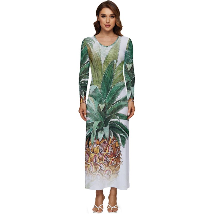 Pineapple Pattern Background Seamless Vintage Long Sleeve Velour Longline Maxi Dress