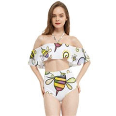 Bee Doodle Cartoon Halter Flowy Bikini Set 